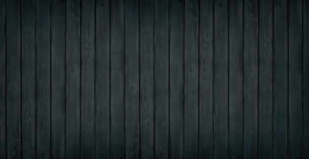 Textura de pantalla ancha de tablero de madera pintado de negro. Vista superior de la superficie del tablón de madera. Fondo oscuro