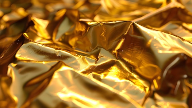 Textura de papel dorado brillante con superficie arrugada y arrugada que crea un abstracto de lujo
