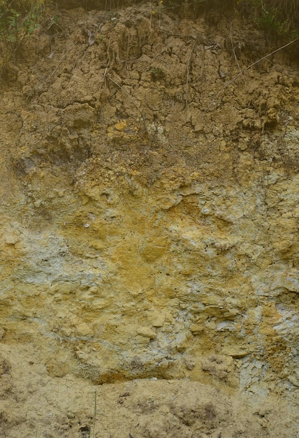 Foto textura de una pared de arena amarilla y marrón sólida en una cantera de arena