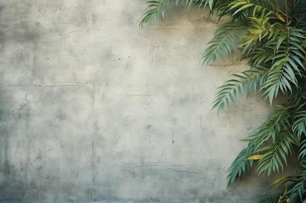 Foto textura de pared de hormigón gris con hojas verdes tropicales