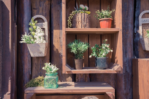 Textura de pared de madera con cosas de jardín y plantas verdes.