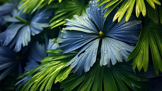 Textura de película de hojas tropicales en azul y blanco.
