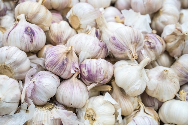 Textura de pila de ajo blanco. Ajo fresco en la foto del primer de la mesa del mercado.