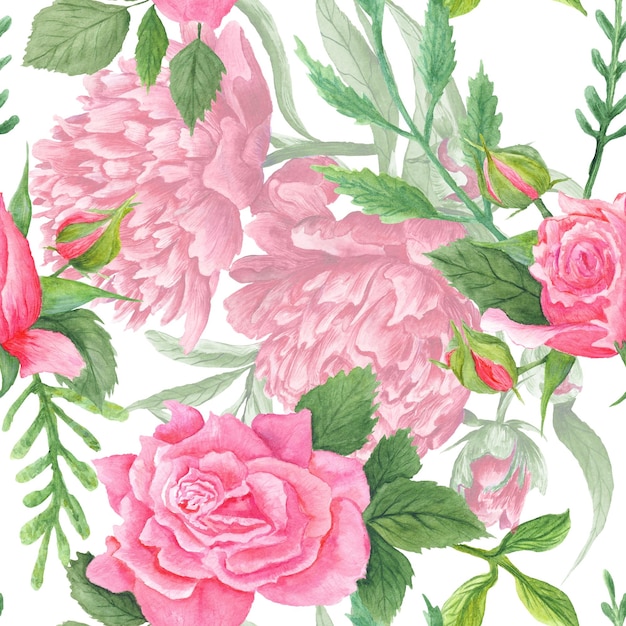 Textura pintada à mão sem costura vintage com flores cor de rosa em fundo branco