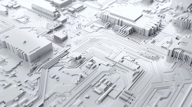 Textura de placa de circuito en fondo abstracto futurista en fondo blanco 3D de tecnología blanca