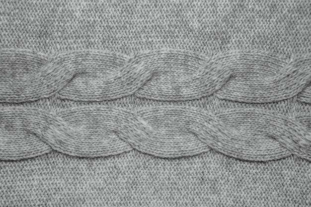 Textura de suéter de lana de cerca. Fondo de jersey de punto con dibujo en relieve. Trenzas en patrón de tejido a máquina