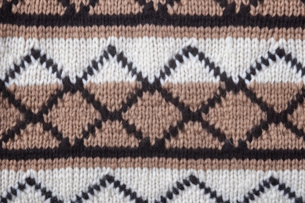 Textura de un suéter de lana en colores marrón claro, marrón oscuro y blanco con un patrón geométrico