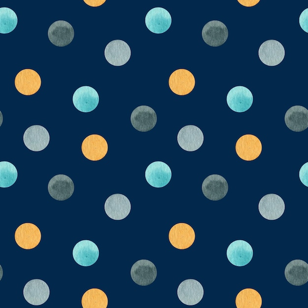 Textura de tela punteada de patrones sin fisuras de lunares coloridos sobre fondo de estilo retro azul oscuro