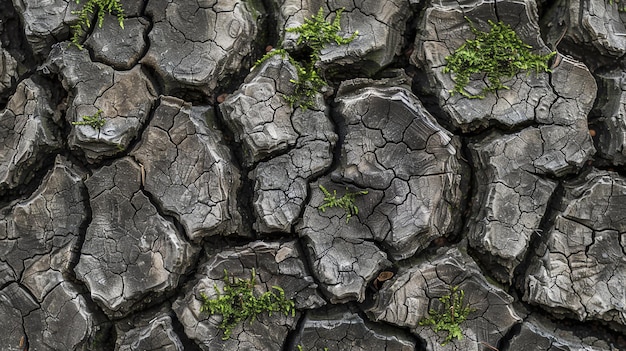 Foto textura de tierra agrietada con pequeño musgo verde que crece en las grietas