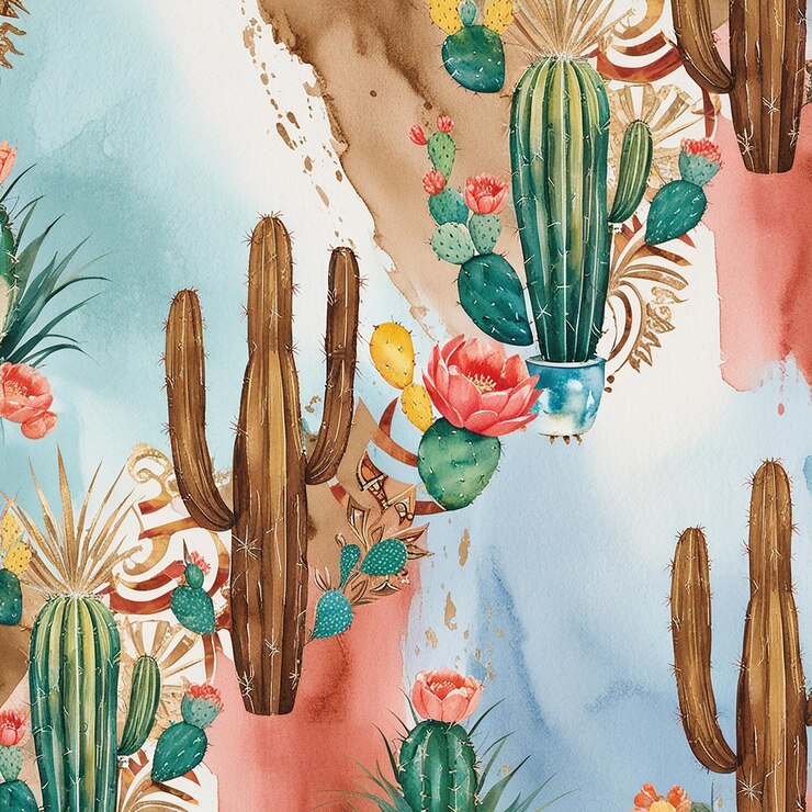 Textura tribal de acuarela con plantas de cactus en fondo azul y diseño de papel tapiz