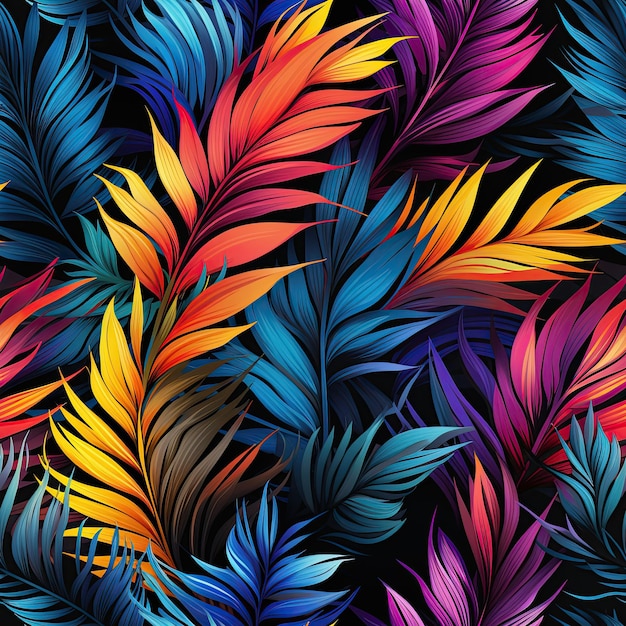 Textura tropical de patrones sin fisuras con hojas de palma coloridas Adorno hawaiano de arco iris brillante para textiles y telas