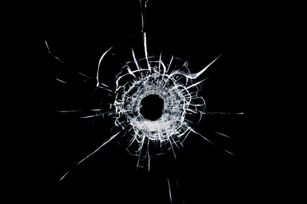 Foto textura de vidrio roto. agujero de una pelota sobre un fondo negro.