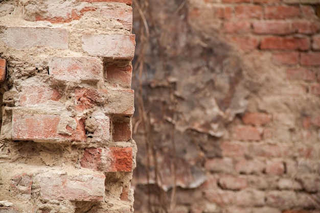 Textura de una vieja pared irregular Fondo de ladrillos viejos y grietas en yeso Tonos amarillos y marrones