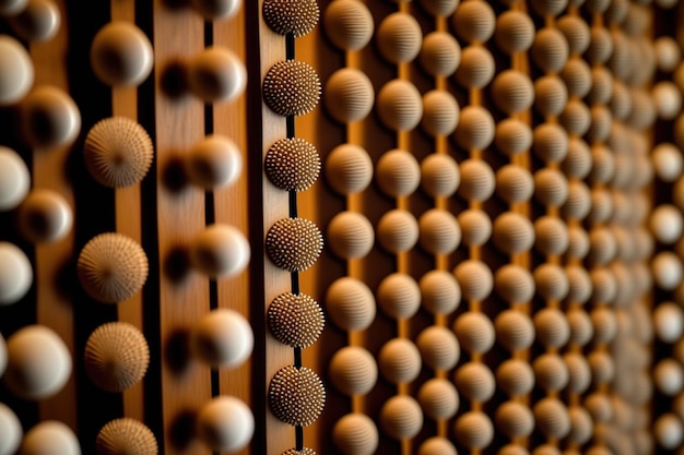 Textura de vista de primer plano de cuentas de cortina ensartadas de madera en una puerta adecuada para papel tapiz