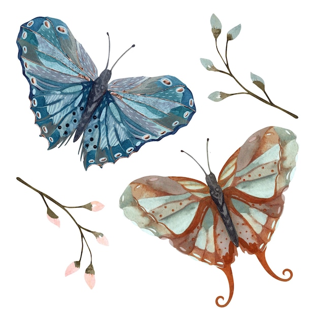 Texturas de acuarela mariposas con acentos dorados en un fondo blanco Ilustración plana Isolada