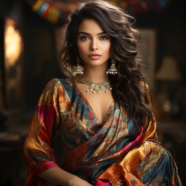 Texturas coloridas de retrato de modelo jovem de moda indiana