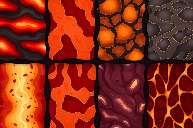 Foto texturas de piel de dragón y lava con piedras para el juego de fondo vector dibujos animados patrones sin costuras de