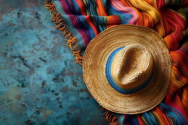 Texturas tejidas y tonos cálidos Un sombrero tradicional descansando en un arco iris de Cinco de Mayo Celebrato
