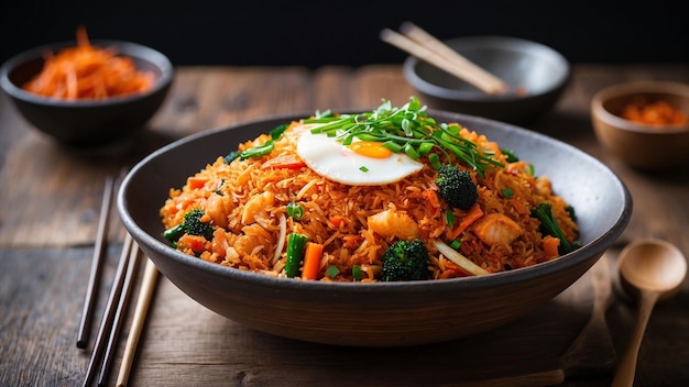 Foto texturen und farben in kimchi gebratener reis eine seitenansicht des gerichtes auf einem rustikalen holztisch ermöglicht