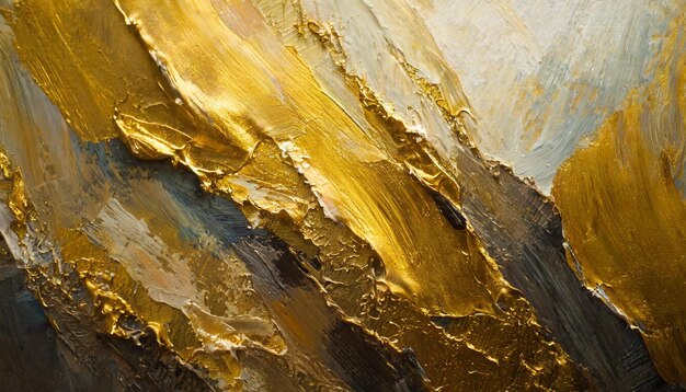 Texturierte goldene Kunstwände mit abstrakten Pinselstrichen und Palette-Messer-Details, die Wärme und