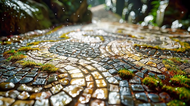 Texturisierter Bürgersteig im Regen Abstrakt Muster von nasser Kopfsteinstraße Hintergrund mit natürlichen Elementen