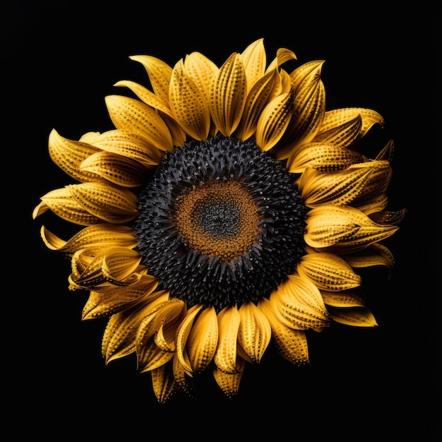 Texturvolle Komposition Eine atemberaubende Sonnenblume vor einem schwarzen Hintergrund