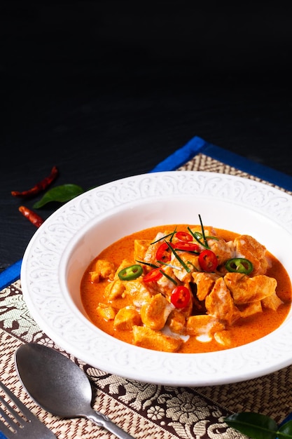 Thai Food-Konzept Authentisches thailändisches Huhn Panang Curry Panang Kai in Keramikschale auf schwarzem Hintergrund mit Kopierraum