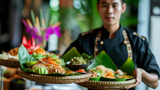 Foto thai-küche som tum kellner, der im restaurant in bewegung ist und dienst tut der kellner trägt das geschirr