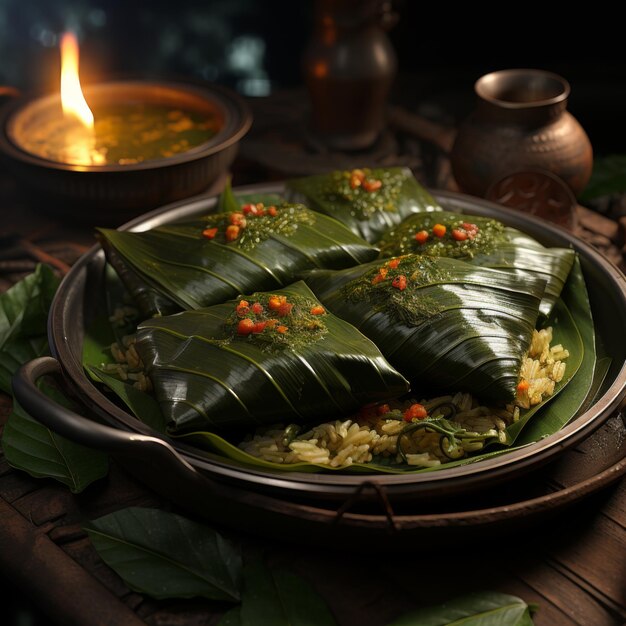 Thai Pandan-Hühnchen Duftend mariniertes Hühnchen, in Pandanblätter gewickelt und frittiert