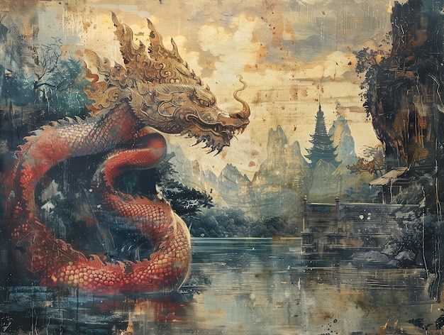 Thailändische alte buddhistische Kunst Naga auf dem Fluss im Stil von komplizierten Textildesigns