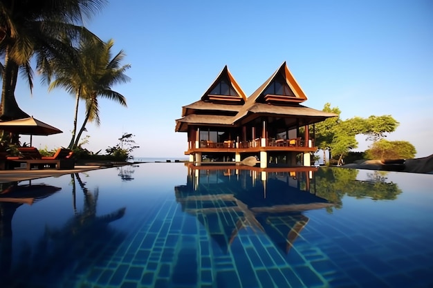 Thailändische balinesische Luxusvilla mit Infinity-Pool Ein tropischer Garten in Ubud, Bali, Indonesien