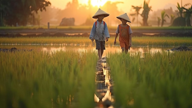 Thailändische Bauern düngen morgens Reisfelder