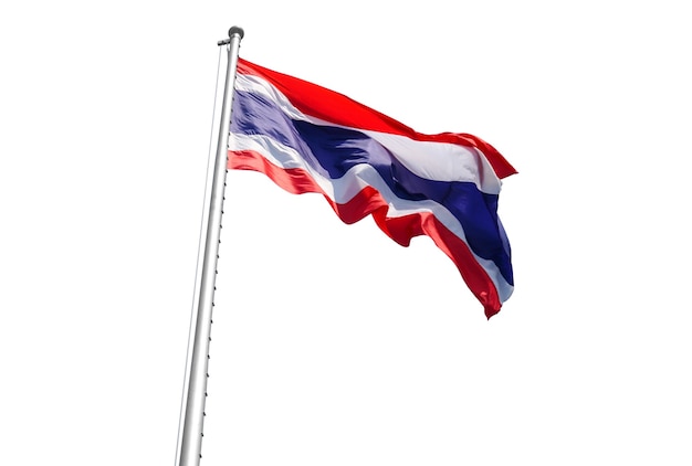 Thailändische Flagge auf einem fliegenden Pol auf weißem Hintergrund