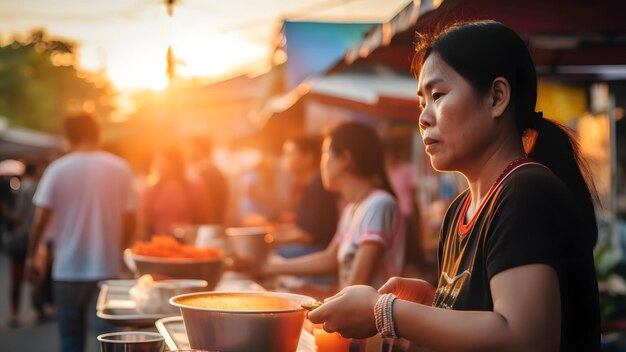 Foto thailändische frau, die pho auf dem abendlichen straßenmarkt verkauft. ein neuronales netzwerk generierte ein bild