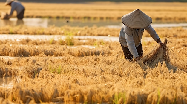 Thailändische Reisbauern kultivieren Felder für eine reichliche Ernte