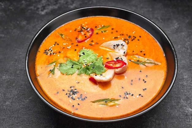 Thailändische Suppe in einem Teller mit Hähnchen