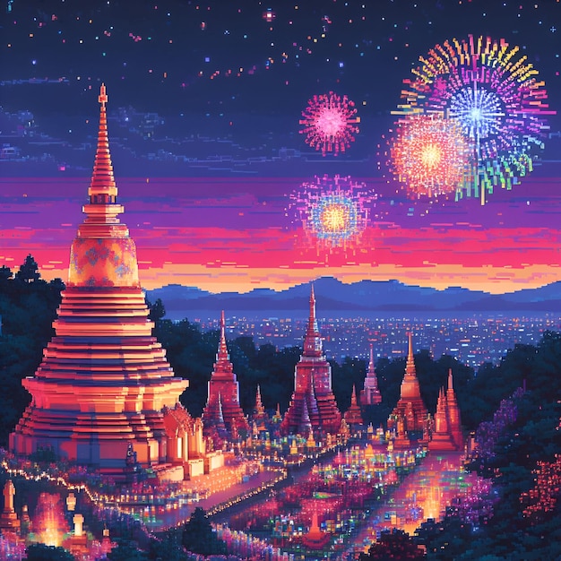 Thailändischer Tempel mit Feuerwerk