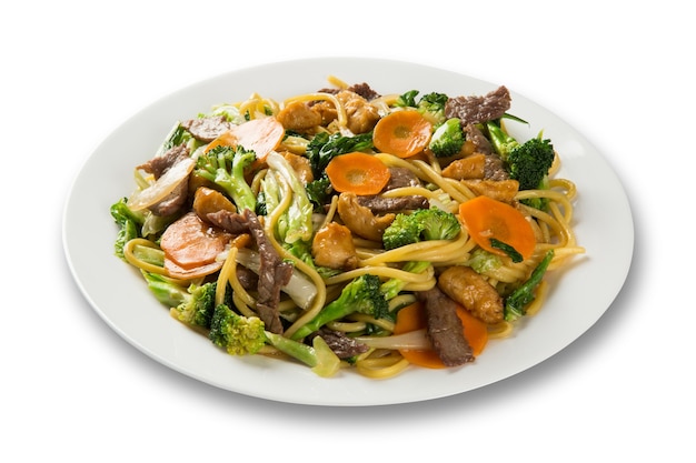 Thailändisches Essen Pad Thai, Nudeln mit Garnelen und Gemüse anbraten