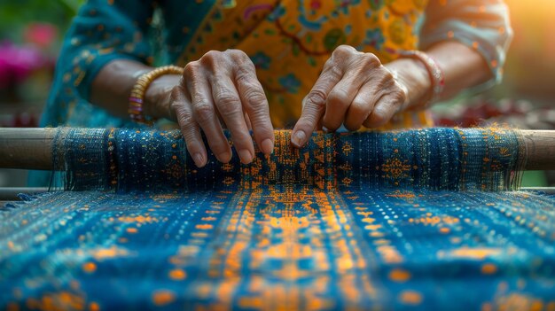 Foto thailändisches indigo-weafen aus baumwolle mit einer hand, die den stoff hält, und natürliche farbstoffe thailand selektiver fokus