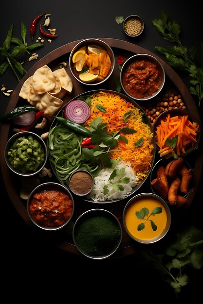 Foto thali-mahlzeit mit verschiedenen curries und roti farben und plent india kulinarische kultur layout website