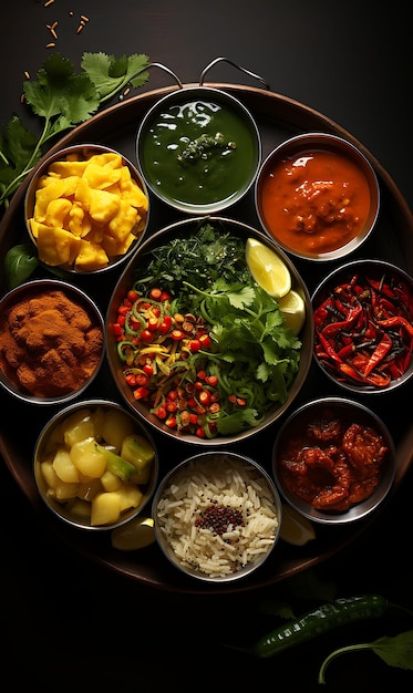 Thali-Mahlzeit mit verschiedenen Currys und Roti. Bunte und üppige indische Website mit kulinarischem Kulturlayout