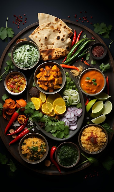 Thali-Mahlzeit mit verschiedenen Currys und Roti. Bunte und üppige indische Website mit kulinarischem Kulturlayout