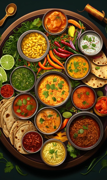 Thali-Mahlzeit mit verschiedenen Currys und Roti. Farbenfrohe und traditionelle indische Website zum Thema kulinarische Kultur