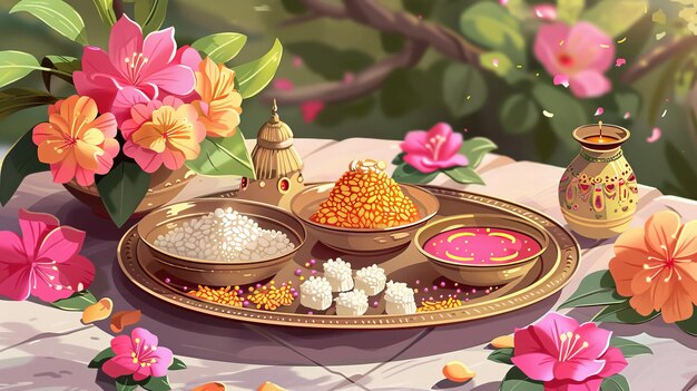 Foto un thali de teej puja hermosamente adornado con flores, dulces y artículos rituales colocados en él vector de ilustración de estilo dibujos animados ai generativo