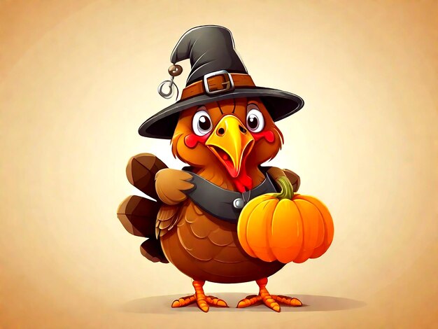 Thanksgiving Day Eine lustige Zeichentrickfigur Truthahn Vogel in einem Pilgerhut hält einen Kürbis AI_Generat