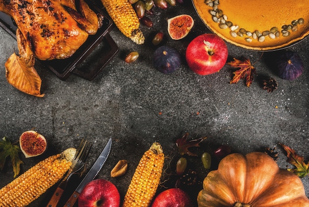 Thanksgiving Day Essen. Gebratenes ganzes Huhn oder Truthahn mit Herbstgemüse und -früchten: Mais, Kürbis, Kürbiskuchen, Feigen, Äpfel, auf dunkelgrauer, Draufsicht