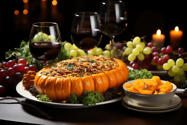 Thanksgiving Day Mahlzeit mit Pie-Kürbis-Orangen oder Brathähnchen in Ofenform Thanksgiving-Essen