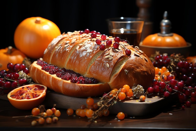 Thanksgiving Day Mahlzeit mit Pie-Kürbis-Orangen oder Brathähnchen in Ofenform Thanksgiving-Essen