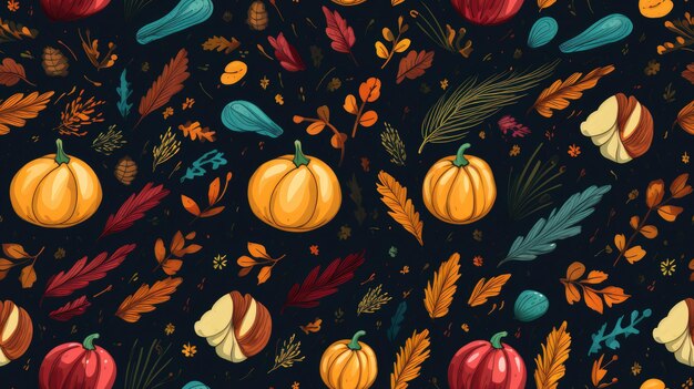 Thanksgiving-dekorative Hintergründe mit Clipart-Elementen, die die Essenz der Weihnachtszeit erfassen, von Truthähnen bis hin zu Kürbisblättern und mehr.