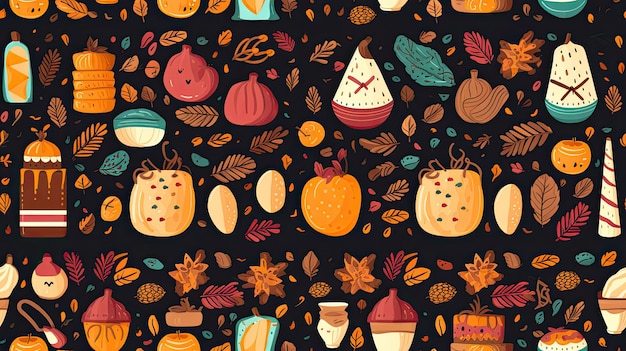 Thanksgiving-dekorative Hintergründe mit Clipart-Elementen, die die Essenz der Weihnachtszeit erfassen, von Truthähnen bis hin zu Kürbisblättern und mehr.